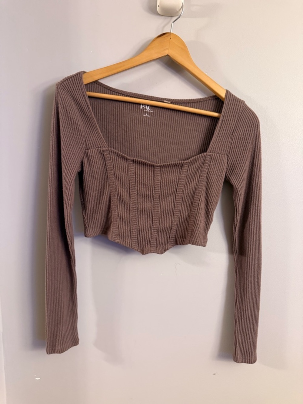 PAC Cares Ribbed Corset Style Crop Top Brown Long Sleeve Size Small Y2K